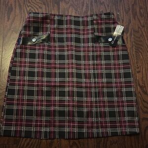 Soho Plaid Mini Skirt with Faux Leather Trim - Burgundy/Black